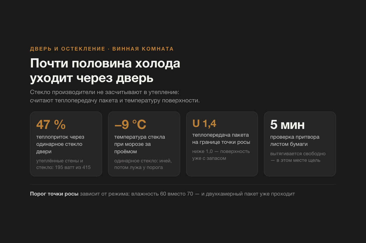 Дверь винной комнаты: до половины теплопритока, иней на стекле и как это проверить